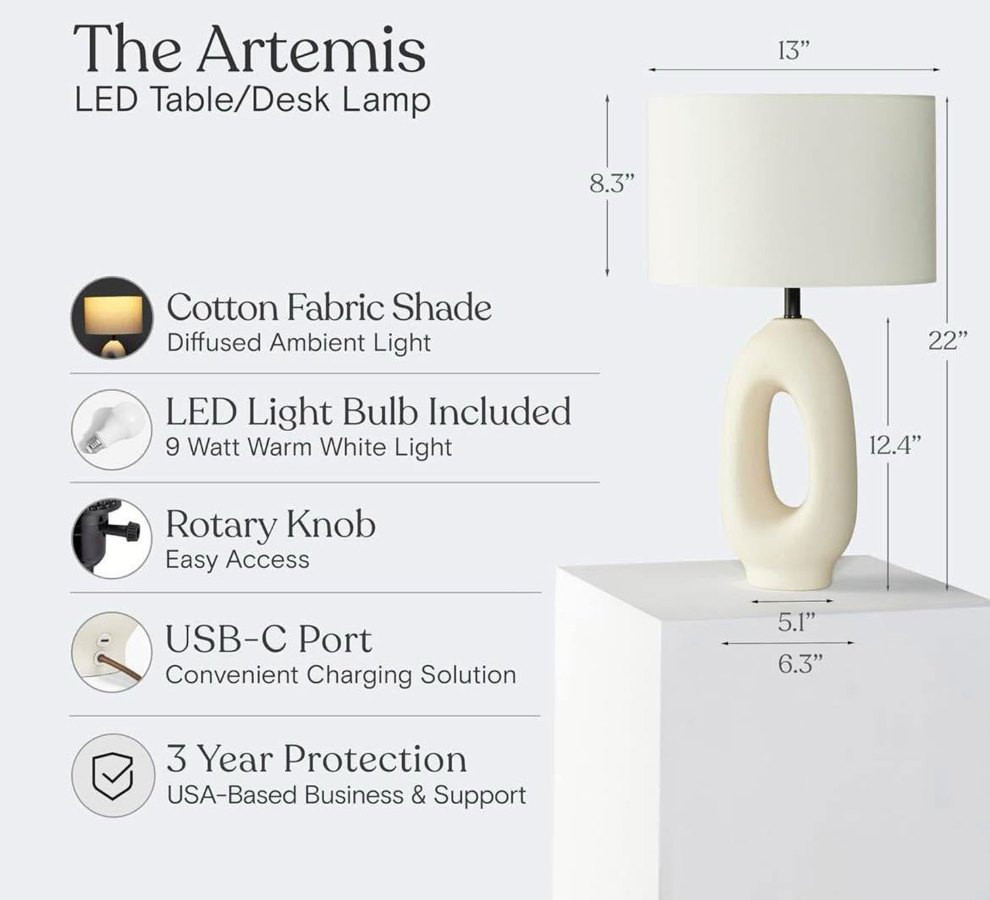 Brightech Artemis LED Table Lamp - Unique Modern Ceramic Lamp for Bedside, Nightstand, Desk - Cozy Night Light with Warm White Light for Living Room, Bedroom