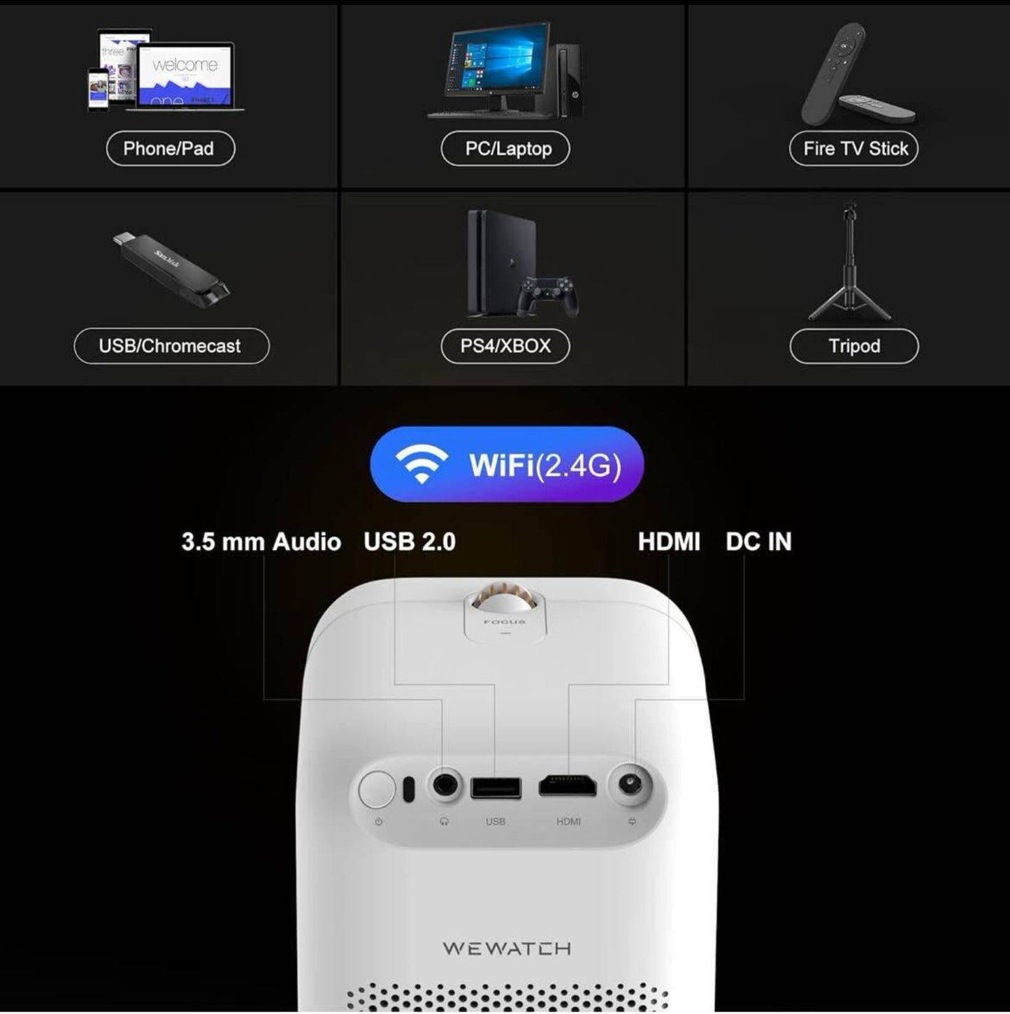Mini Projector, WEWATCH WiFi Native 1080P Portable Projector, Outdoor Video Projector Built-in 3W Dual Speaker with HDMI for TV stick, iOS, Android