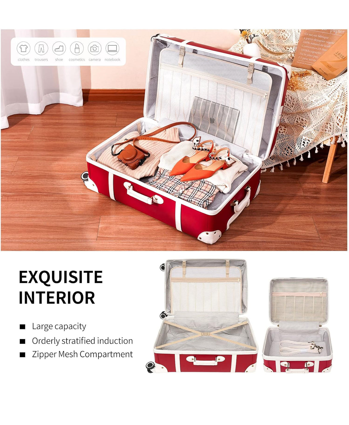 NZBZ Vintage Luggage Sets of 2, Vintage Suitcase Set for Women, Retro Luggage with Boarding Tote, Handmade Faux Leather Zipper Luggage TSA Approved (Cherry red, 14inch & 28inch)