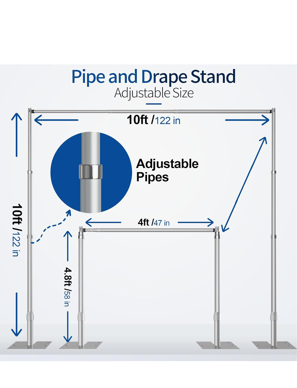 Pipe and Drape Backdrop Stand, 10x10ft Heavy Duty Adjustable Backdrop Frame with Metal Base, Background Holder for Parties Photography Wedding Photoshoot Decoration
