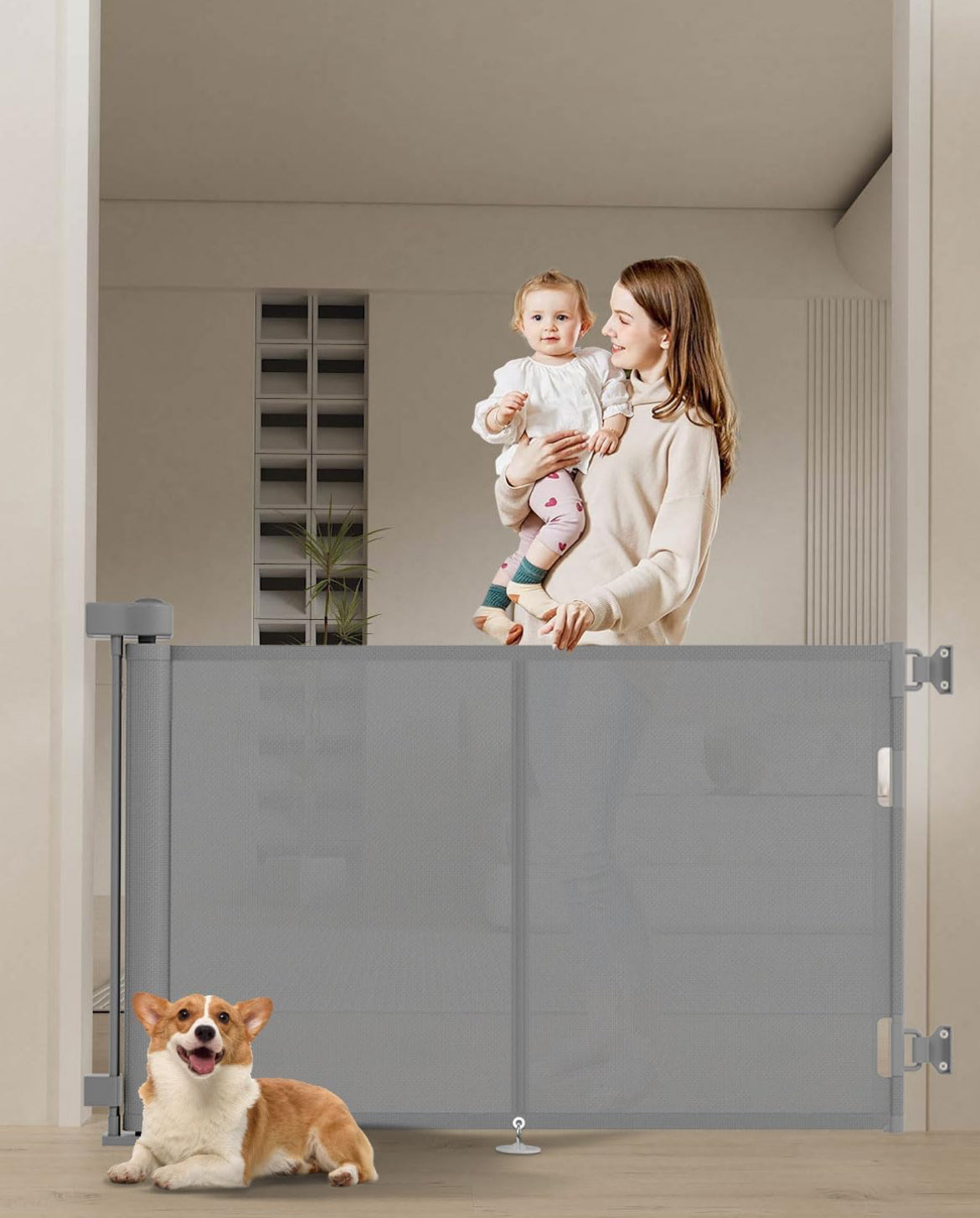 Upgrade 59" Retractable Baby Gates with Reinforced Strip Design to Prevent Crawling Through, 34" Tall Retractable Gate for Baby and Pet, 5 FT Baby Gates for Stairs, Doorways, Hallways