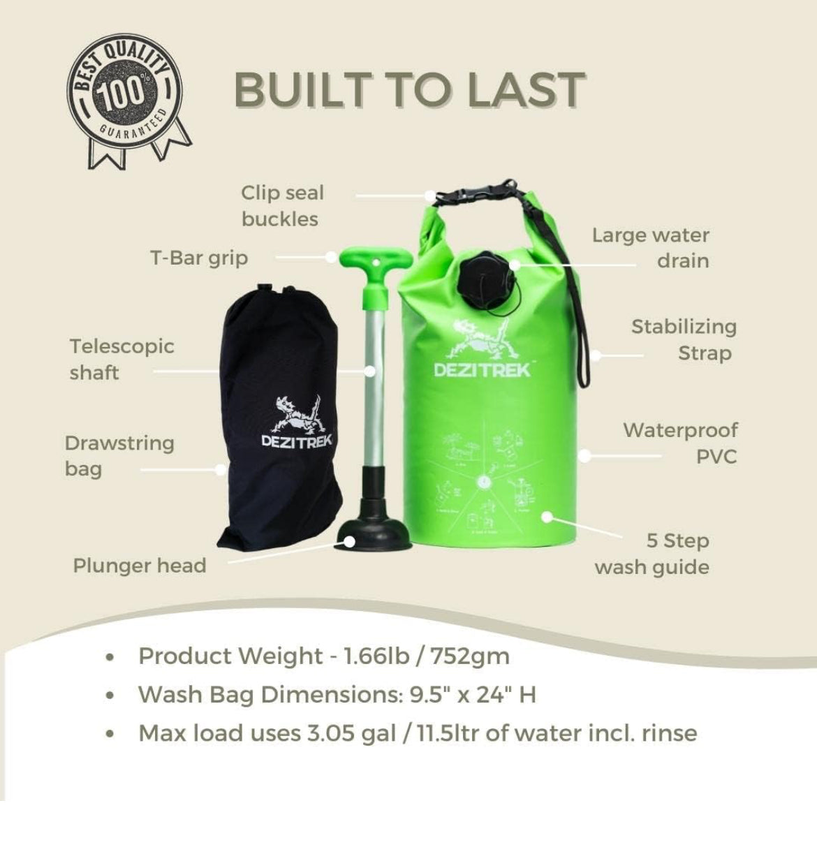One Hand Wash Bag and Plunger Set - Off Grid Washing Machine Non Electric for Camping Travel | Eco Friendly Portable Manual Clothes