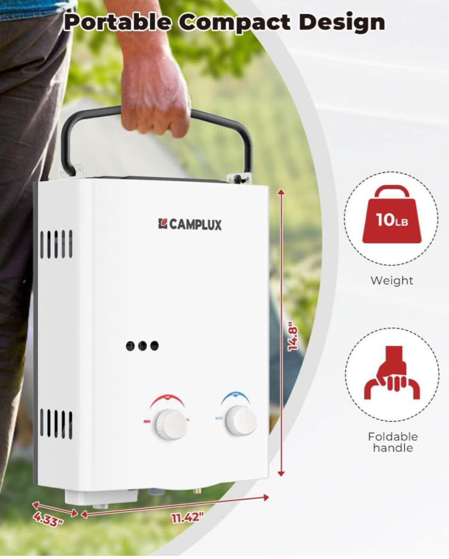 CAMPLUX Tankless Water Heater Outdoor, 1.32 GPM Portable Propane Camping Water Heater, 5L, AY132, White