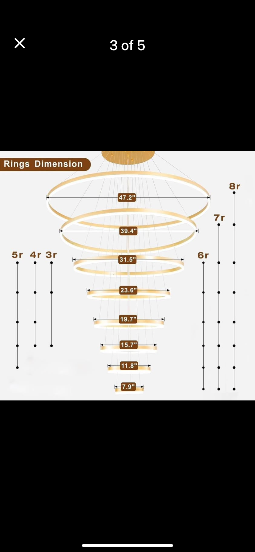 Modern LED Chandelier 5 Rings Gold Chandeliers with Remote Control Dimmable Large Chandelier for High Ceiling Staircase Living Room Foyer 3000K-6000K Selectable