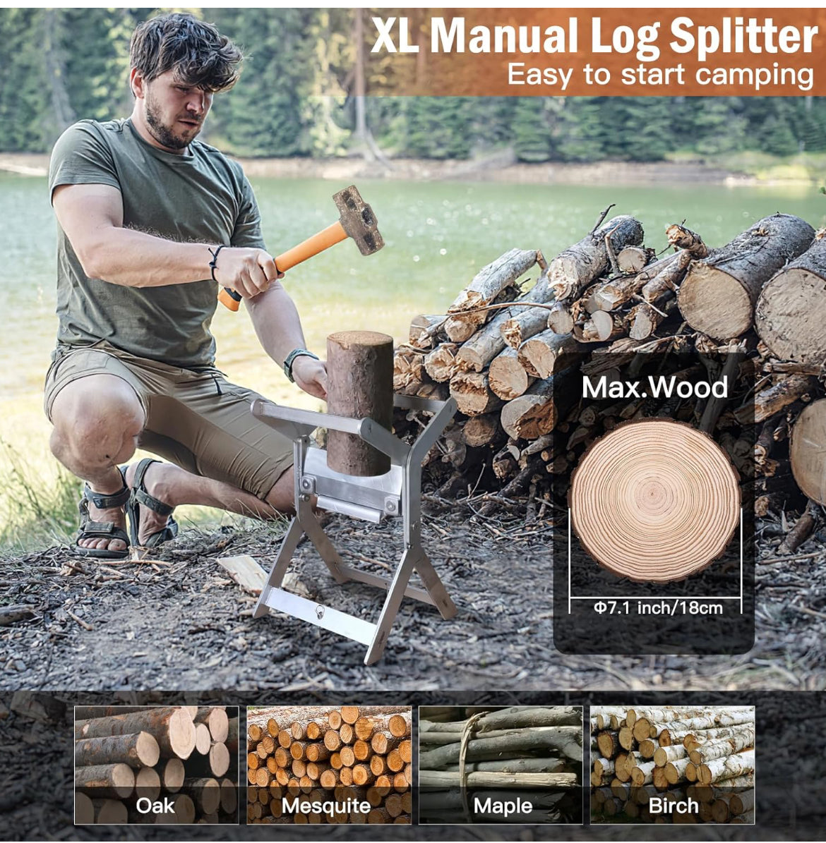 ONLOAD Firewood Kindling Splitter,Heavy Duty Manual Log Splitter with Handsaw,Folding Kindling Cracker with Hardened Sharp Blade for Easy Firewood Preparation