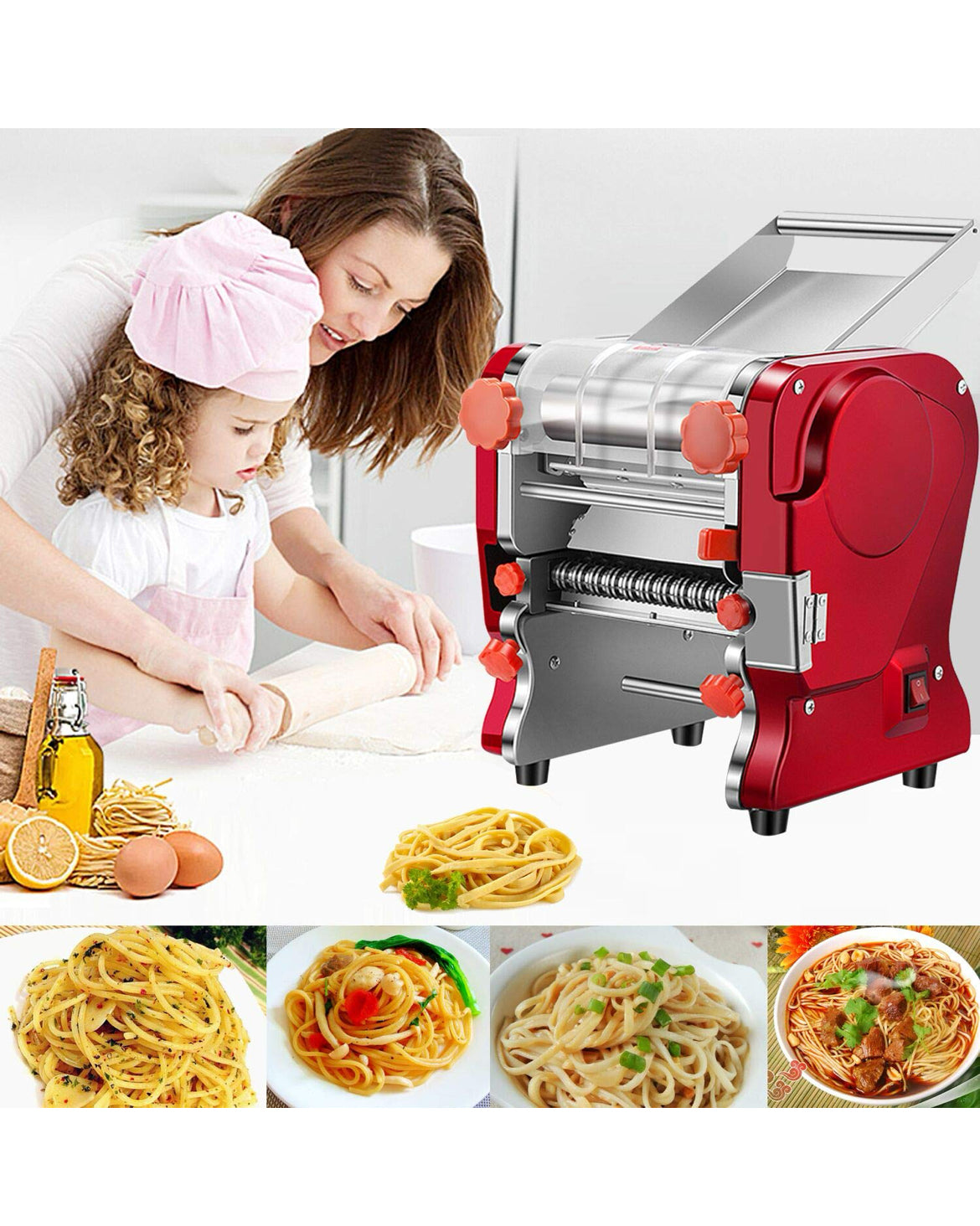 Pasta Making Machine,Electric Noodle&Dumpling Maker For Home/Commercial Use,Full Stainless Steel Dual Knife No Disassembled-3/9mm Width Noodle/0.3-5mm Thickness Dough-Auto Noodle Cutter.