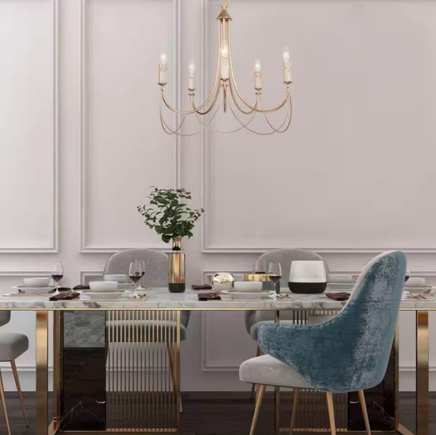 Modern Satin Gold French Country Farmhouse 5-Light Chandelier Vintage Candlestick High Ceiling Light