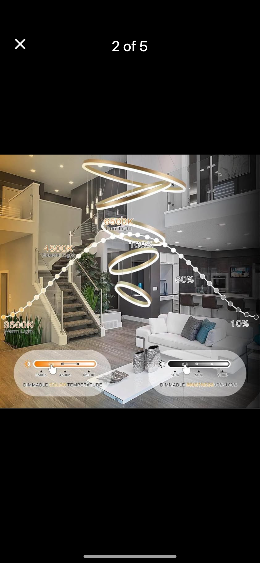 Modern LED Chandelier 5 Rings Gold Chandeliers with Remote Control Dimmable Large Chandelier for High Ceiling Staircase Living Room Foyer 3000K-6000K Selectable