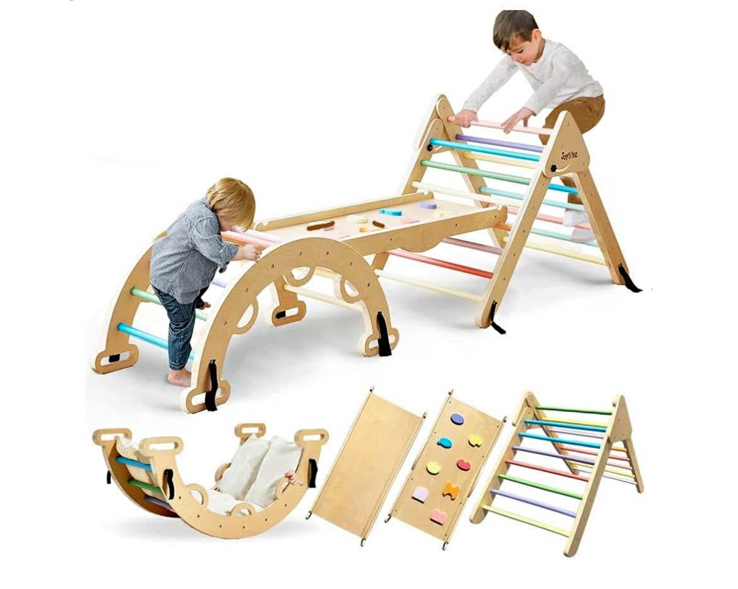 Foldable Pikler Triangle Set with Cushion, 8-in-1 Montessori Kids Jungle Gym Indoor Climbing Toys, Large Wooden Climbing Toys for Toddlers 1-3 Inside, Indoor Playground for kids