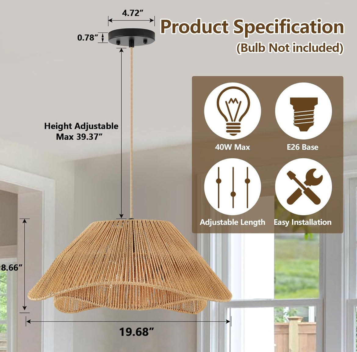 19.68" Rattan Pendant Light Fixture, 3-Light Boho Hanging Light Fixture Ceiling Mount, Bohemian Woven Wicker Flush Mount Hanging Lamp, Adjustable Rattan Chandelier for Kitchen Island Hallway