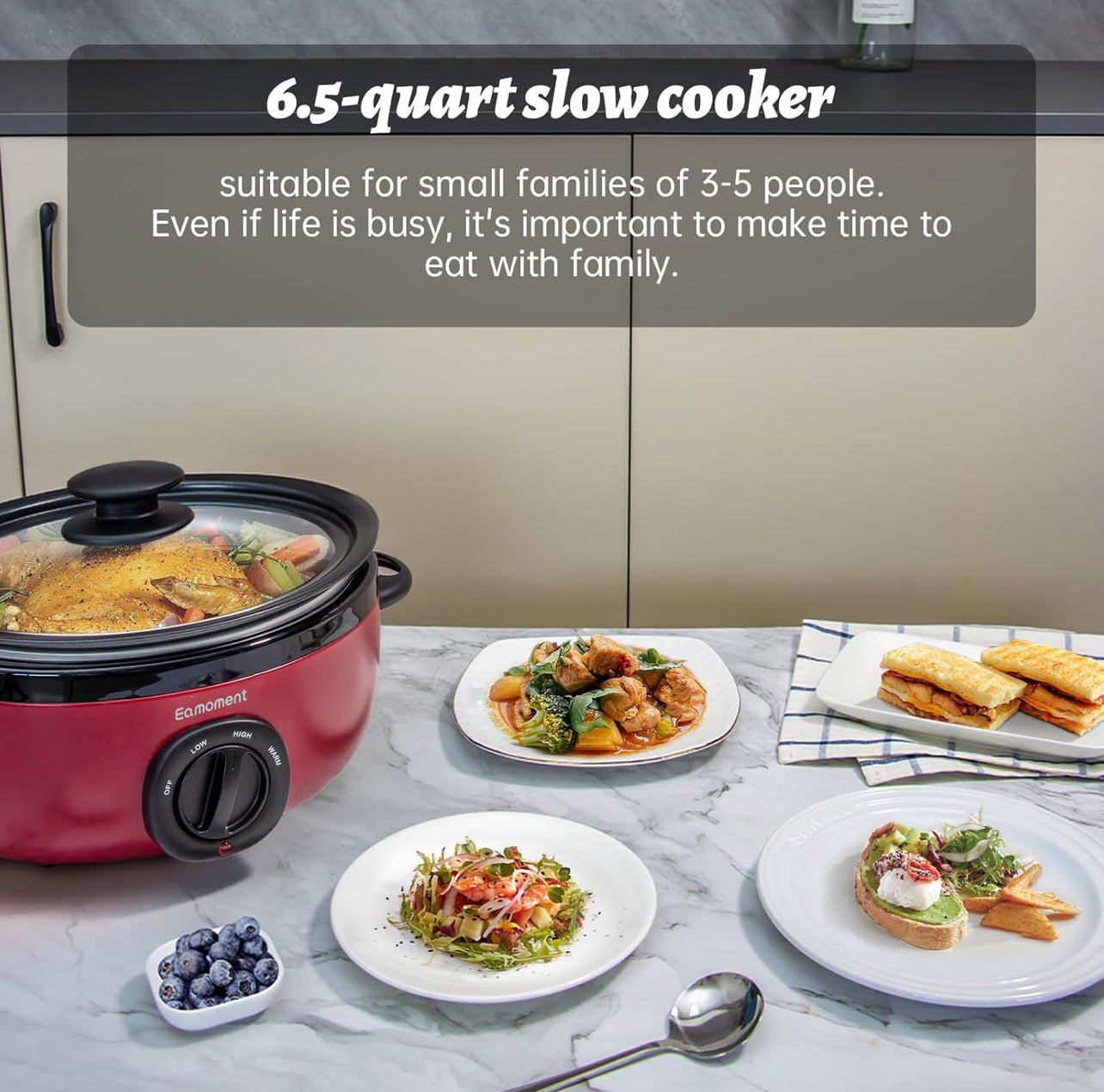 Slow Cooker 6+ Quart Red Uniform Heating,Non Stick Pot,Aluminum,6.5Qt Slow Cooker Makes Your Food More Delicious.Suitable as a Gift for Wives,Parents,and Friends