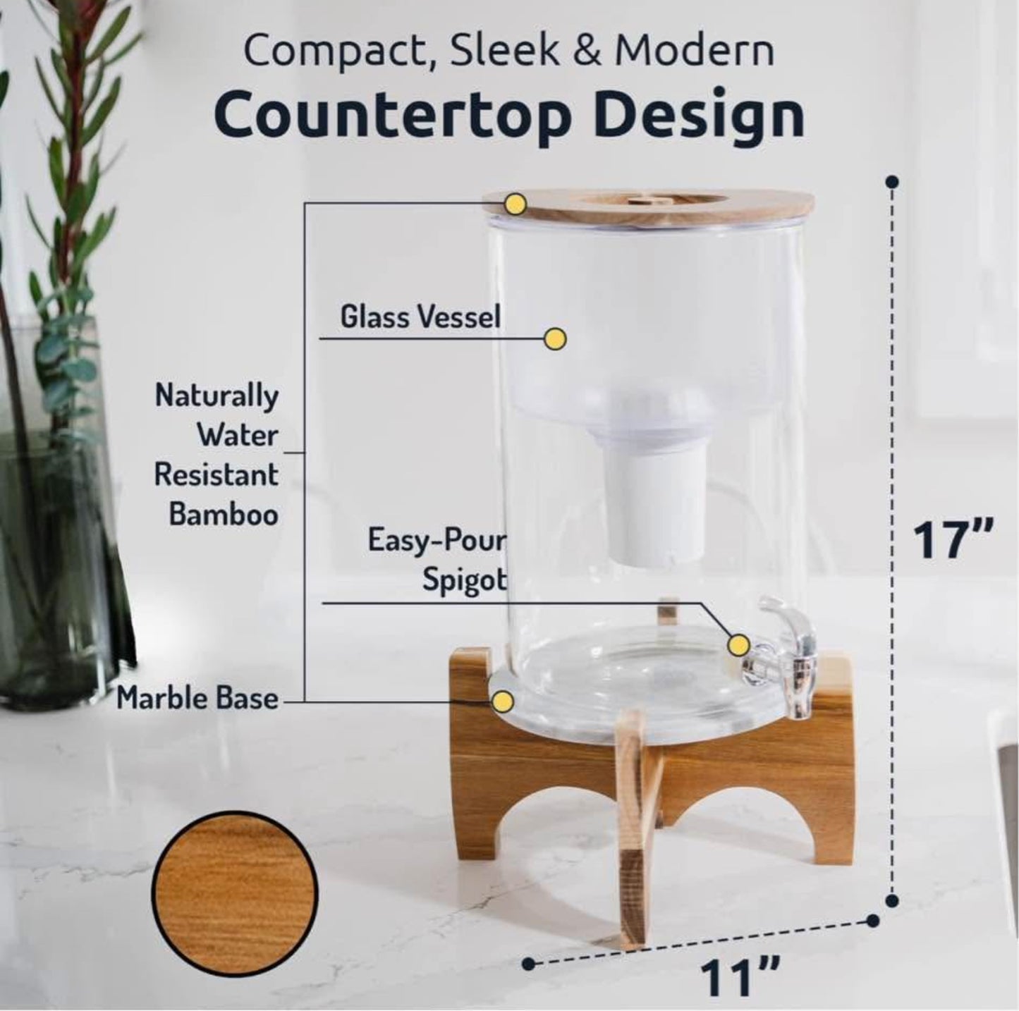 Invigorated Water pH Recharge Alkaline Water Filter Dispenser – BPA-Free Glass Countertop Water Filter Pitcher Purifier for Home & Office, 36-Cup Capacity, 360L Long Filter Life (Acacia/Marble)