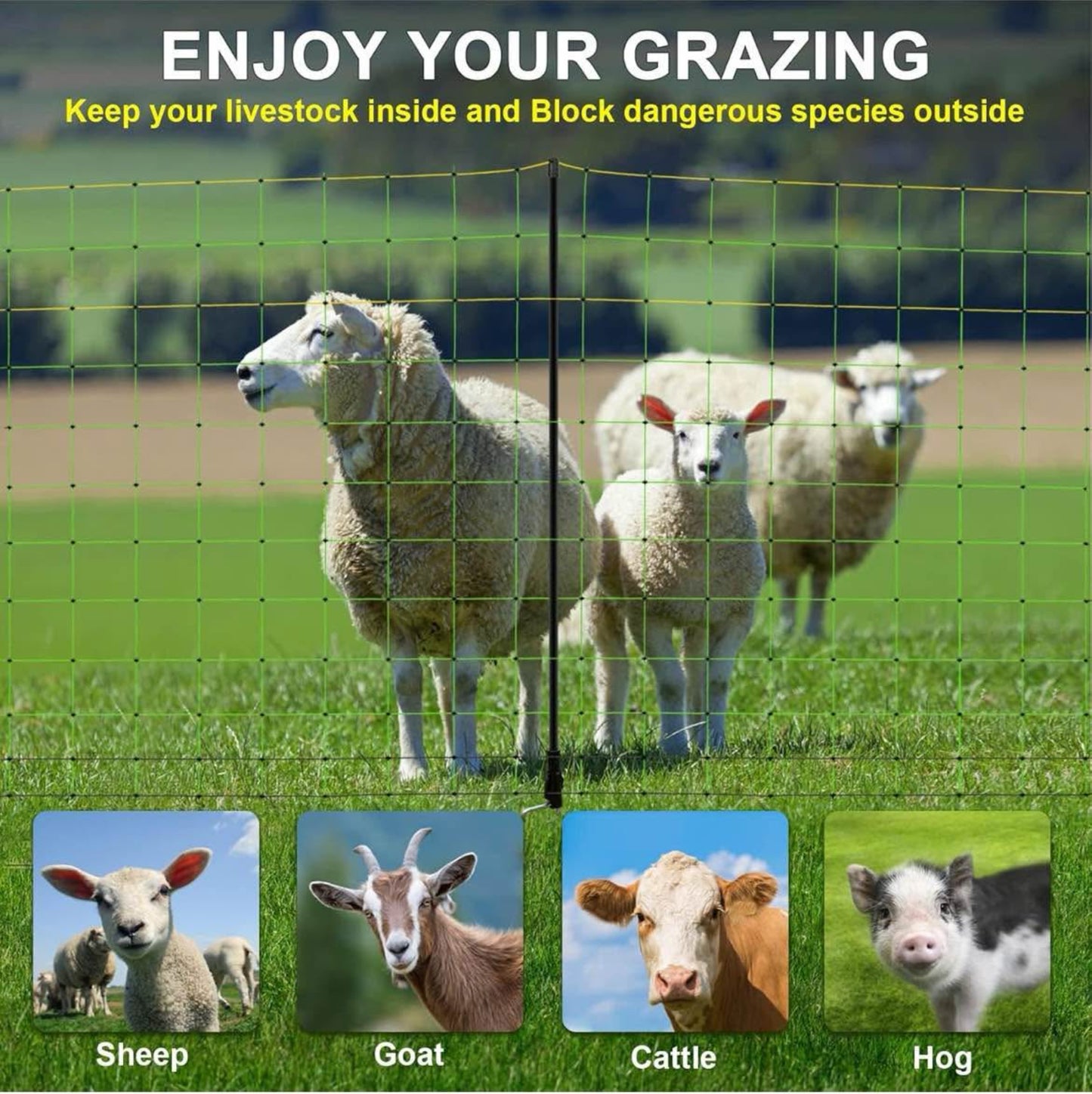 Electric Fence Netting Livestock Fencing for Goat with 14 Posts Double Spiked, Portable Mesh for Sheep, Deer, Hogs, Dogs in Backyards, Farms and Ranches, 49.6" H x 164' L, Green