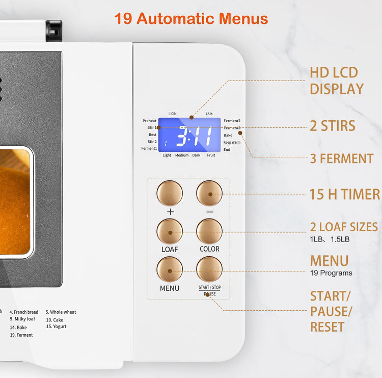 19-in-1 Smart Dual Heaters Bread Maker With Heat-Conductive Nonstick Ceramic Pan, Quiet Bread Machine with 15H Timer & 1H Keep Warm, Stainless Steel BreadMaker with French, Gluten-Free,Sourdough