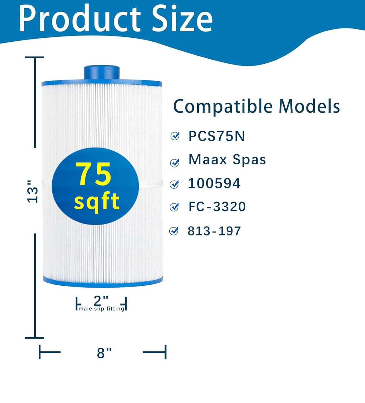 Spa Filter Compatible with PCS75N, Maax Spas, 100594, C-8475, FC-3320 hot tub Cartridge Filter, 75sq.ft, 1 Pack
