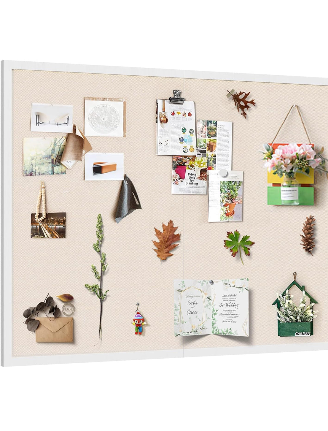 Large Bulletin Board 48x36 inch with Linen Cork Boards Wall Decor Hanging Pin Wood Framed Display Bulletin Cork Photo Picture Board Light for Room School Office 30-Pushpin White