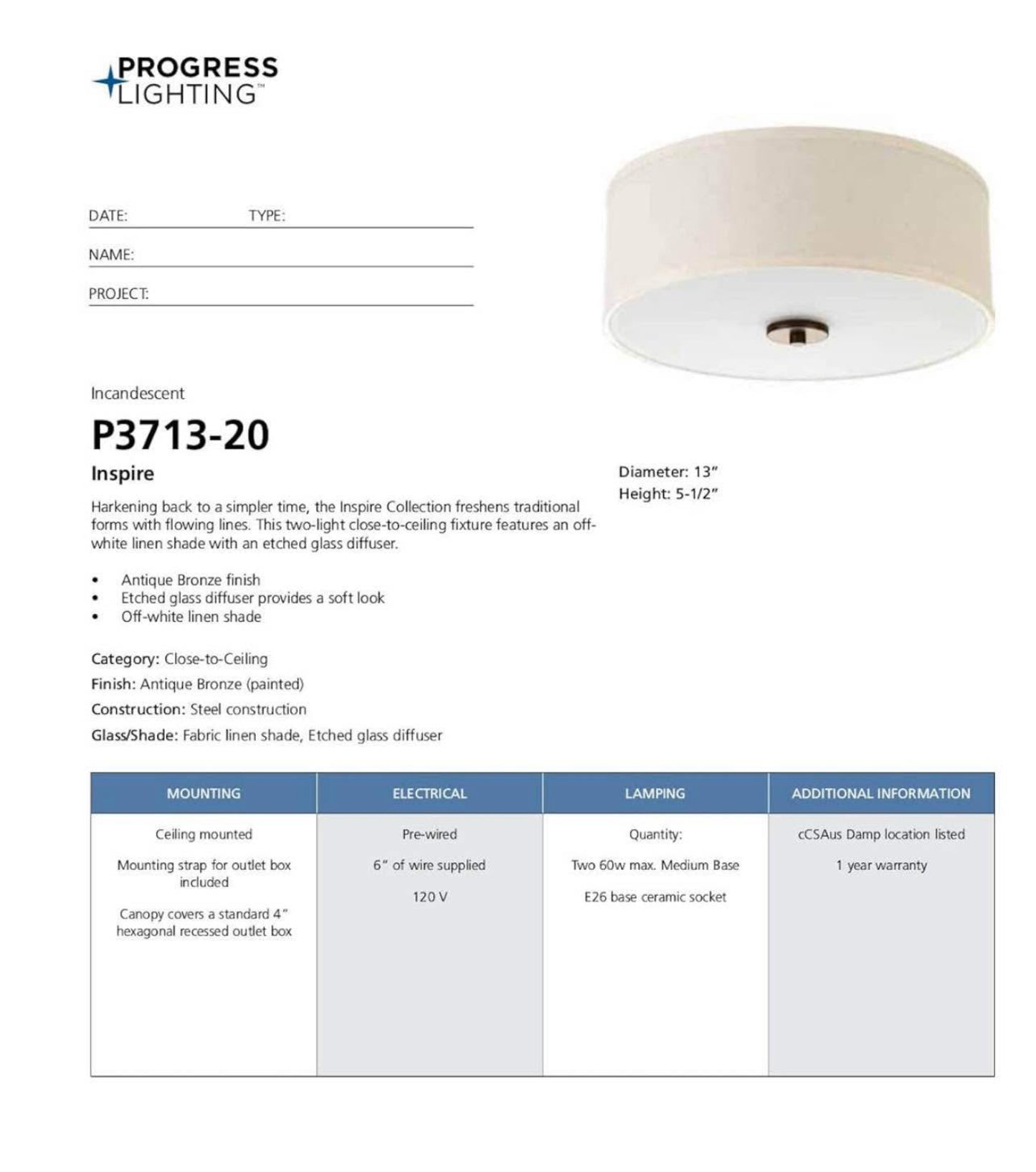 Progress Lighting P3713-20 Inspire Two-Light Flush Mount, Antique Bronze, 5.50x13.00x13.00