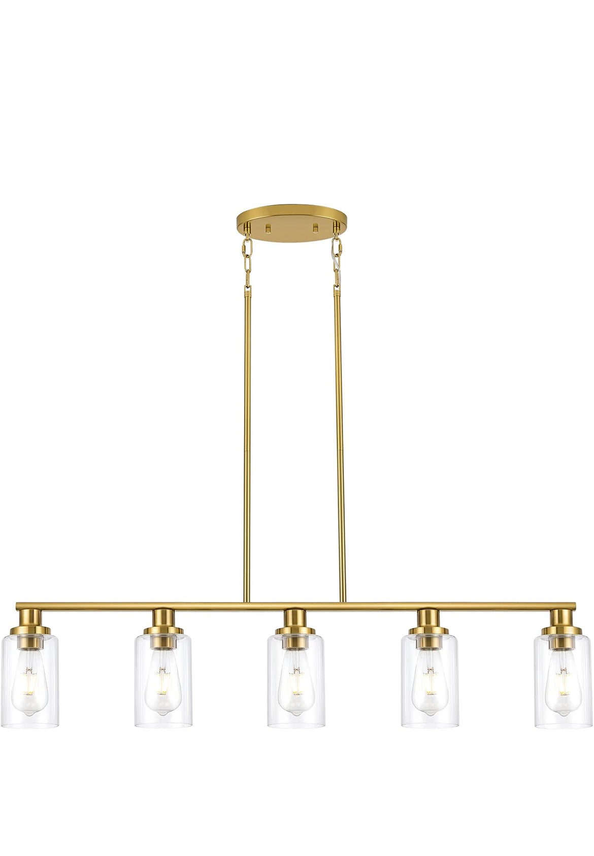 Kitchen Island Lighting, 5-Light Modern Dining Room Light Fixtures Over Table,Farmhouse Gold Linear Chandeliers for Dining Room, Industrial Pendant Lights Fixture with Clear Glass Shade
