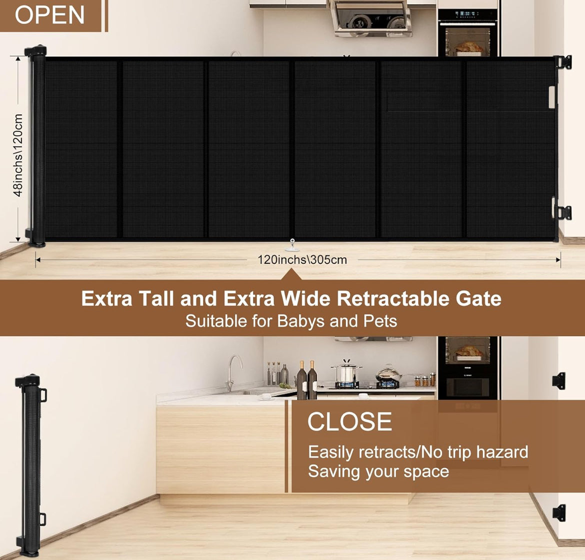 Upgrade 120 inch Retractable Baby Gates Extra Wide with Reinforced Strip Design to Prevent Crawling Through, 10 Foot Retractable Dog Gate, 48" Tall, Retractable Gate for Indoor/Outdoor