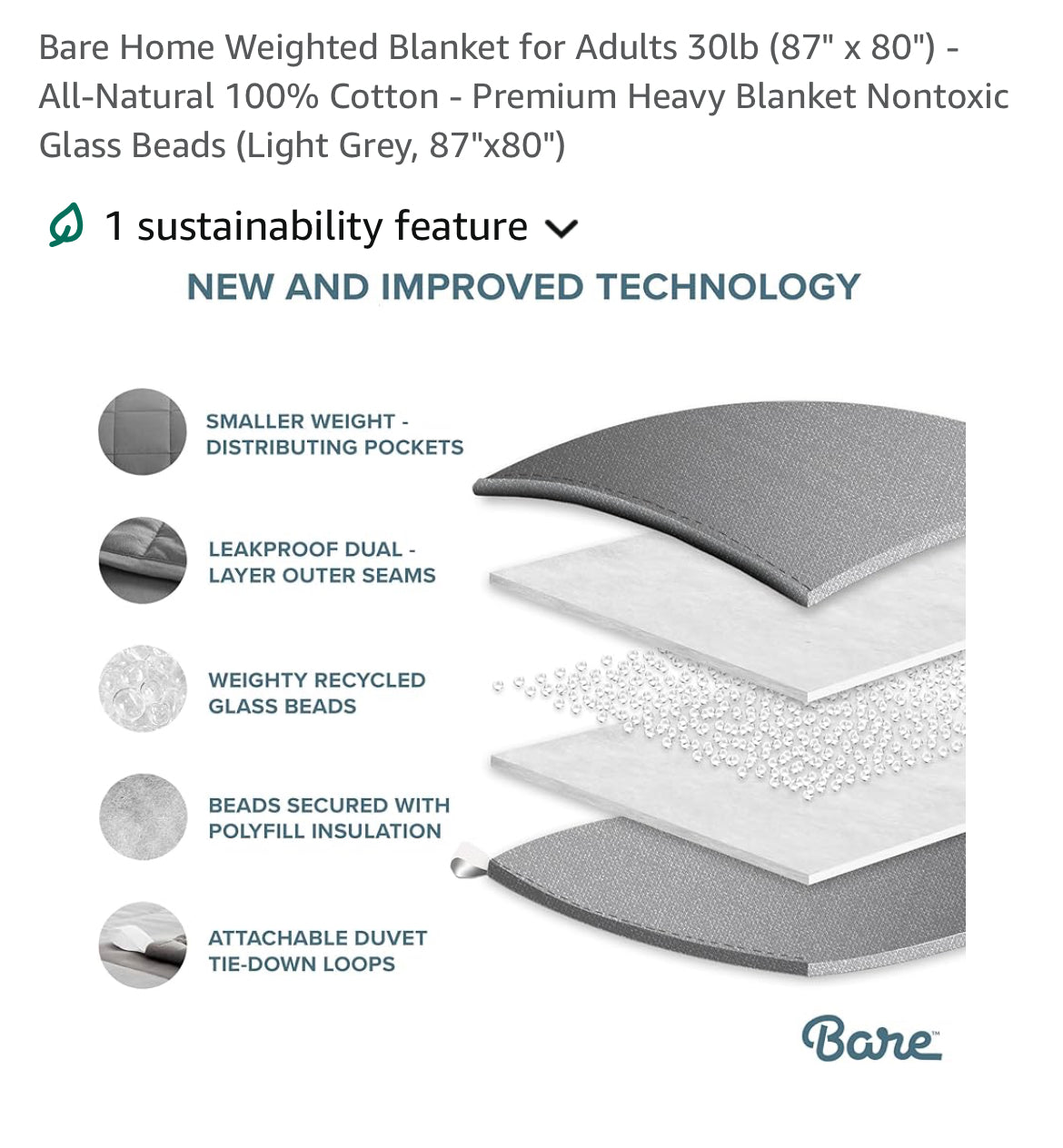 Bare Home Weighted Blanket for Adults 30lb (87" x 80") - All-Natural 100% Cotton - Premium Heavy Blanket Nontoxic Glass Beads (Light Grey, 87"x80")