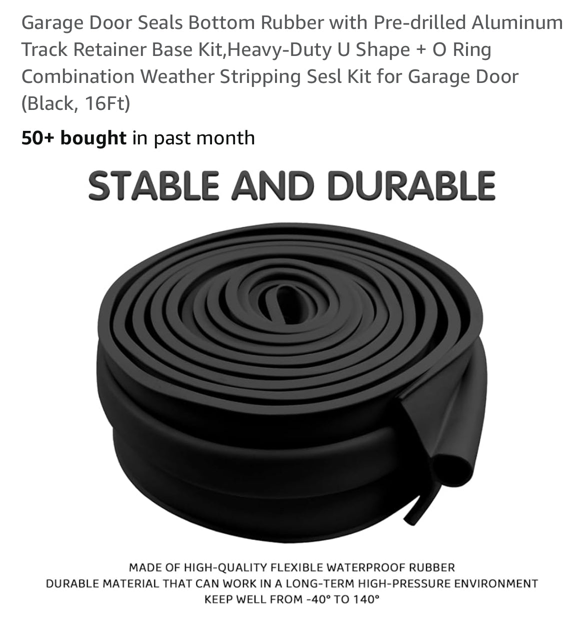 Garage Door Seals Bottom Rubber with Pre-drilled Aluminum Track Retainer Base Kit,Heavy-Duty U Shape + O Ring Combination Weather Stripping Sesl Kit for Garage Door (Black, 16Ft)