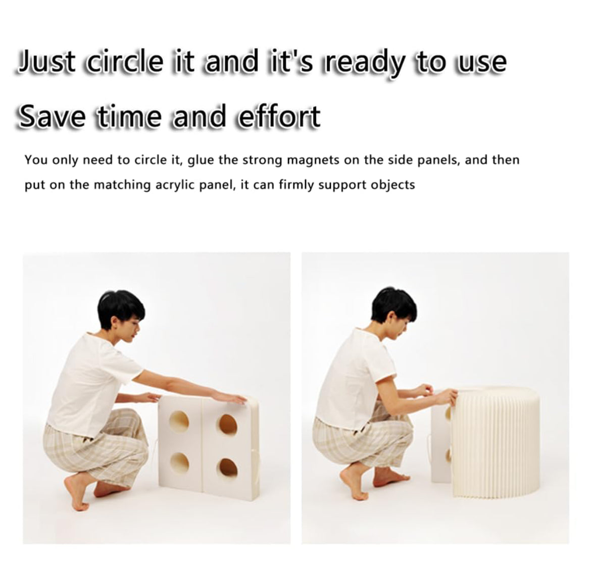 Paper Folding Round Table with Acrylic Panel Portable Bedside Table Simple Small Coffee Table for Home Decorations,White,63cm