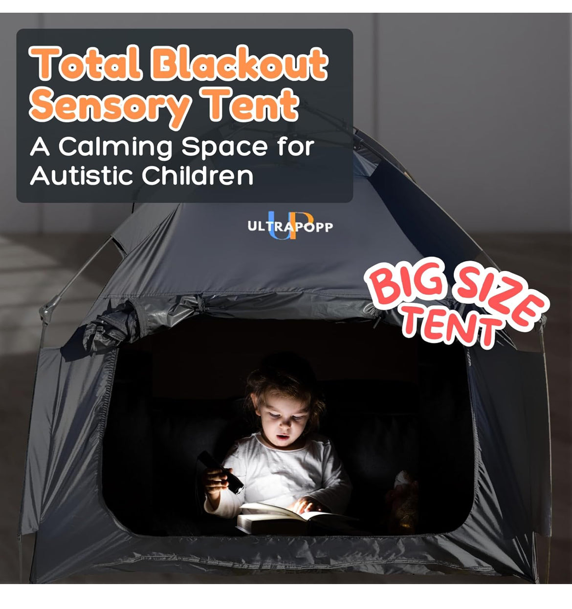 Extra Large & Big Sensory Tent for Kids, Instant Easy Setup & Pack Blackout Calming Tent for Autistic Children, Tent for Autism ADHD SPD OCD, 1-4 Person (Black, 47x47x47 in)