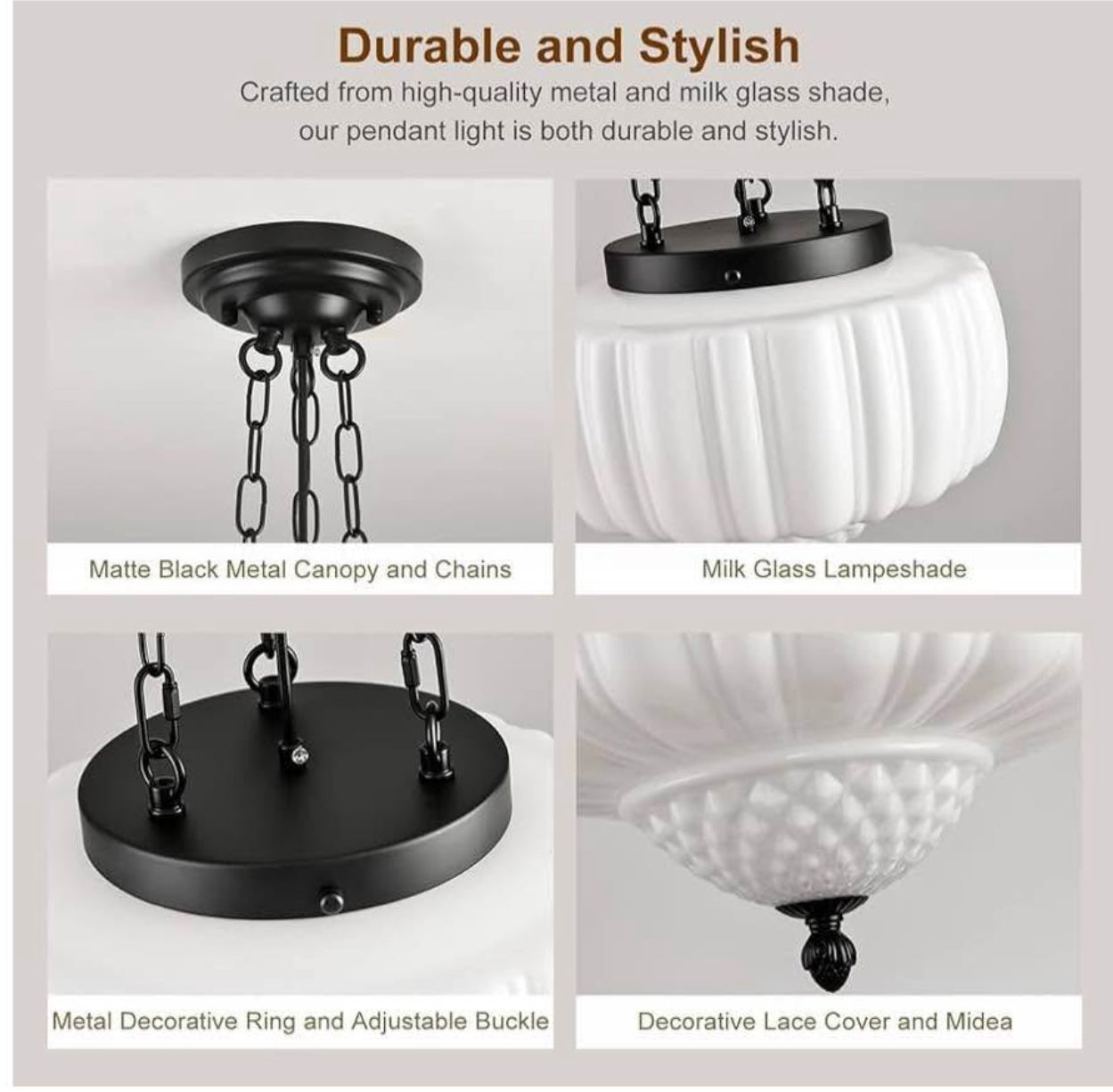 Milk Glass Pendant Light, 14" Schoolhouse Light Fixture, Ceramic Pendant Lighting for Kitchen Island, Vintage Art Deco Chandelier for Bedroom, Dining Room, Hallway, 3*E26 Bulbs Included, White