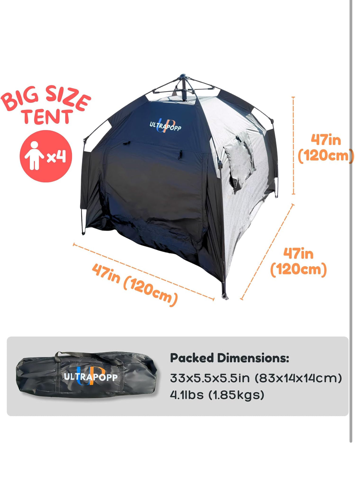Extra Large & Big Sensory Tent for Kids, Instant Easy Setup & Pack Blackout Calming Tent for Autistic Children, Tent for Autism ADHD SPD OCD, 1-4 Person (Black, 47x47x47 in)