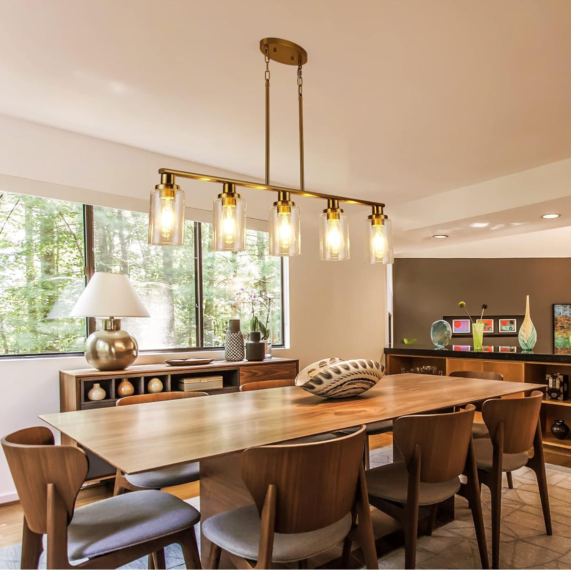 Kitchen Island Lighting, 5-Light Modern Dining Room Light Fixtures Over Table,Farmhouse Gold Linear Chandeliers for Dining Room, Industrial Pendant Lights Fixture with Clear Glass Shade