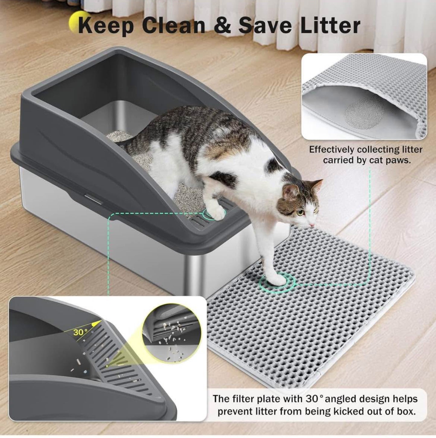 Stainless Steel Cat Litter Box, Extra Large Litter Boxes for Big Cats, Anti-Urine Leakage XL Litter Box with High Sides, Xlarge Metal Litter Box with Lid, Easy Clean, Non-Sticky, Cat Mat & Metal Scoop