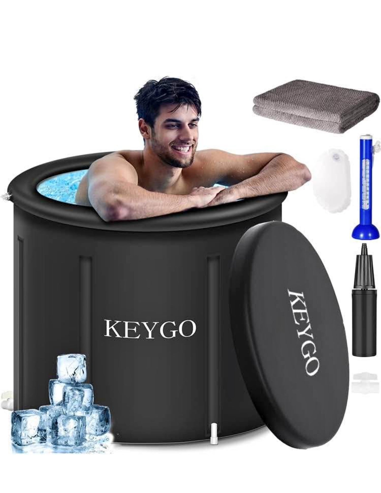 KEYGO Large Ice Bath Tub for Athletes,Portable Inflatable Free-standing Soaking Tub for Hot Bath Ice Bath for A dults Cold Plunge Tub Outdoor Indoor(31.5""Φ x 29.5""H) (31.5""Φ x 29.5""H), BT001