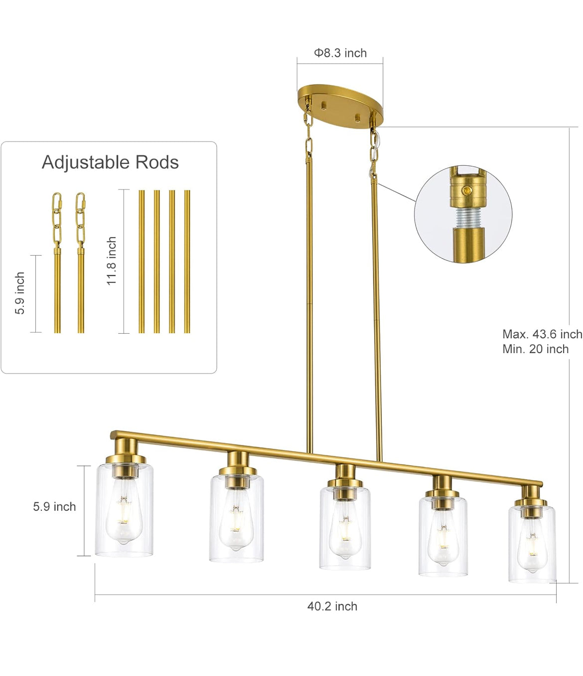 Kitchen Island Lighting, 5-Light Modern Dining Room Light Fixtures Over Table,Farmhouse Gold Linear Chandeliers for Dining Room, Industrial Pendant Lights Fixture with Clear Glass Shade