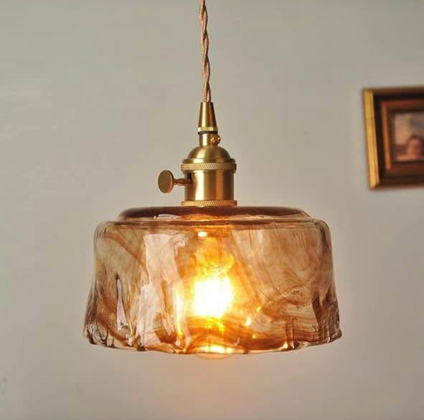Amber Glass Pendant Light, Nordic Geometric Ceiling Hanging Lighting Fixture Kit, Modern Suspension Lamps for Dining Room Kitchen Island Cafe Bar, E27 Mini Droplight