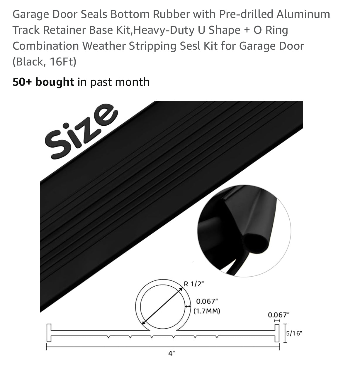 Garage Door Seals Bottom Rubber with Pre-drilled Aluminum Track Retainer Base Kit,Heavy-Duty U Shape + O Ring Combination Weather Stripping Sesl Kit for Garage Door (Black, 16Ft)