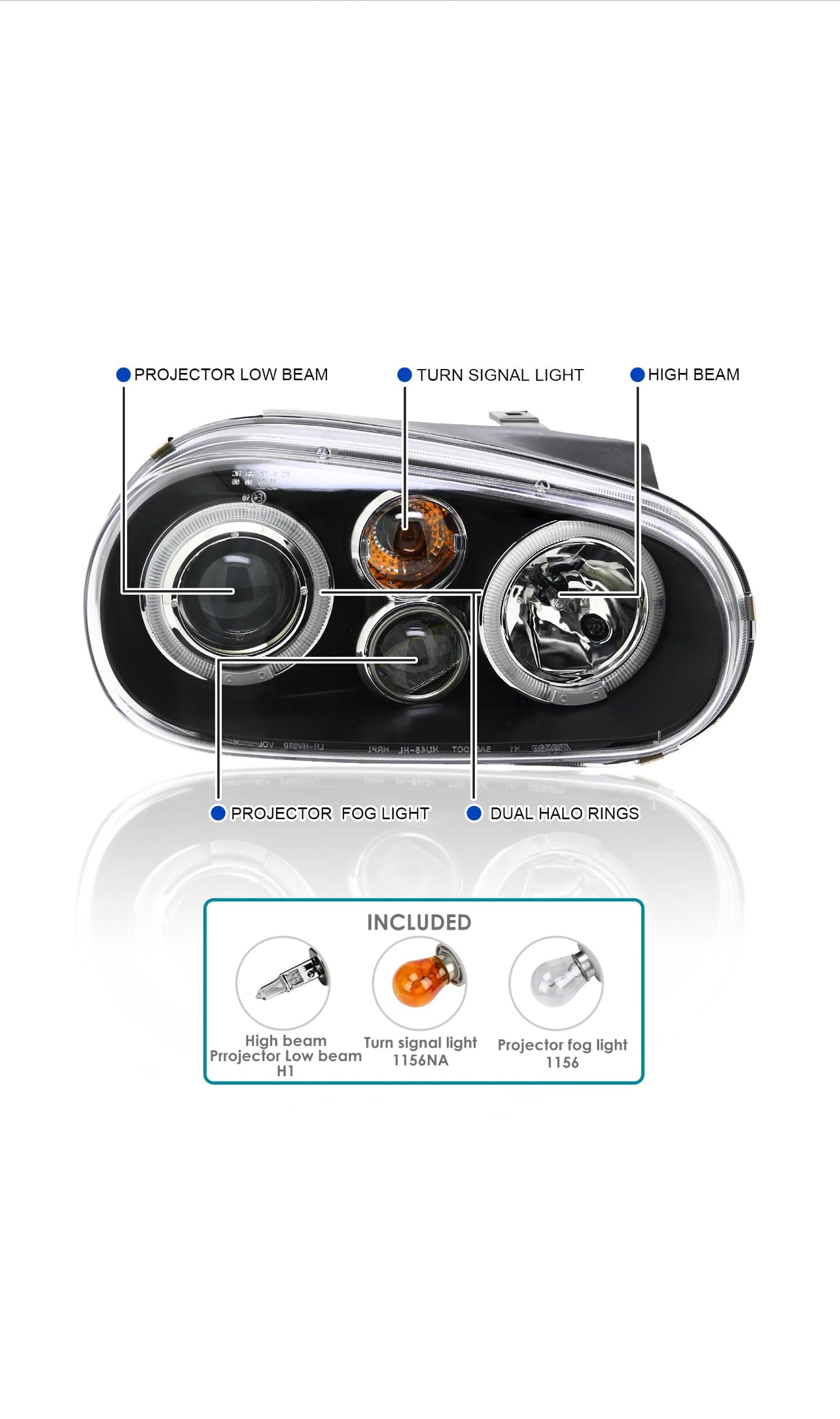 Spec-D Tuning Black Dual Halo Projector Headlights Compatible with 1999-2006 Volkswagen Golf, Golf GTI VW MK4 Left + Right Pair Headlamps Assembly