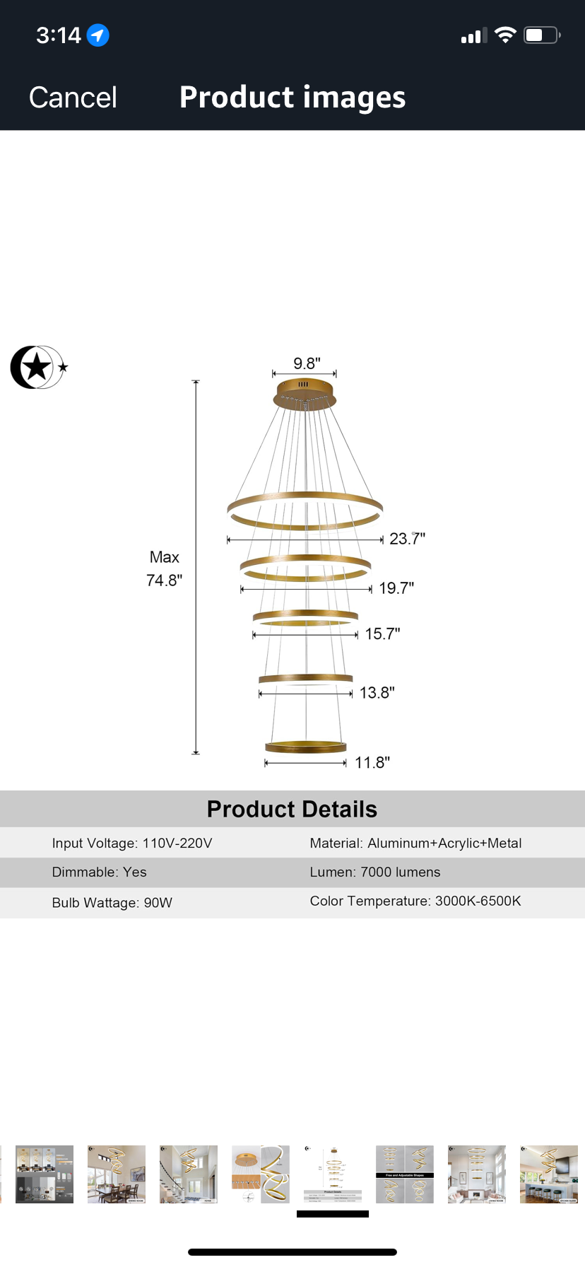 Modern LED Chandelier 5 Rings Gold Chandeliers with Remote Control Dimmable Large Chandelier for High Ceiling Staircase Living Room Foyer 3000K-6000K Selectable