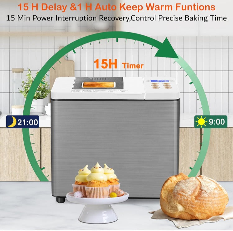 19-in-1 Smart Dual Heaters Bread Maker With Heat-Conductive Nonstick Ceramic Pan, Quiet Bread Machine with 15H Timer & 1H Keep Warm, Stainless Steel BreadMaker with French, Gluten-Free,Sourdough