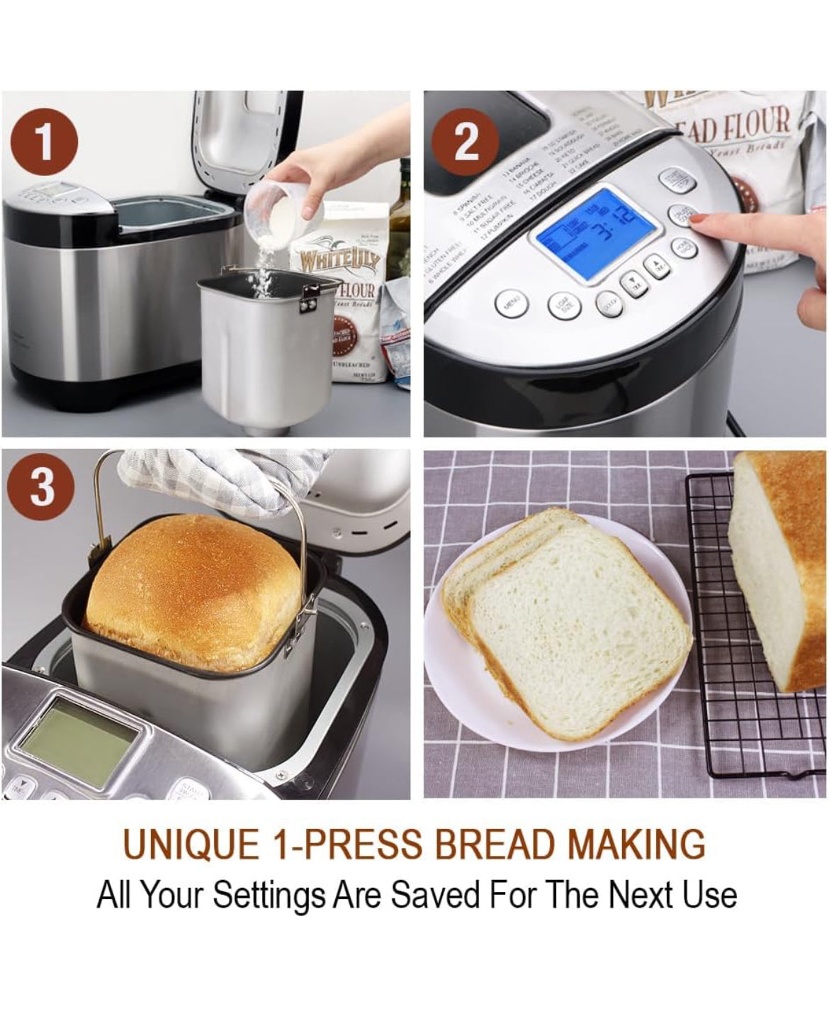 KITCHENARM 29-in-1 SMART Bread Machine with Gluten Free Setting 2LB 1.5LB 1LB Bread Maker Machine with Homemade Cycle - Stainless Steel Breadmaker with Recipes Whole Wheat Bread Making Machine