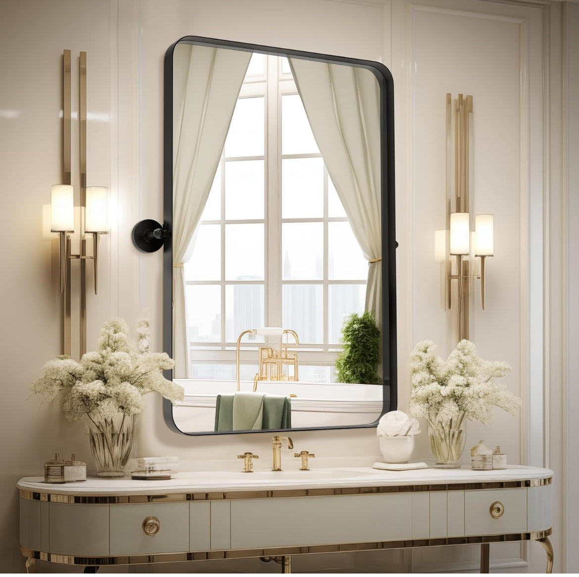 Adjustable Bathroom Mirrors Vanity Mirror - 22"x30" Black Stainless Steel Rectangular Matte Rounded Rectangle Mirror with Brushed Rimmed Decorative Farmhouse Premium Frame Large Mirror