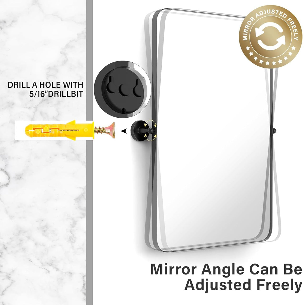 Adjustable Bathroom Mirrors Vanity Mirror - 22"x30" Black Stainless Steel Rectangular Matte Rounded Rectangle Mirror with Brushed Rimmed Decorative Farmhouse Premium Frame Large Mirror