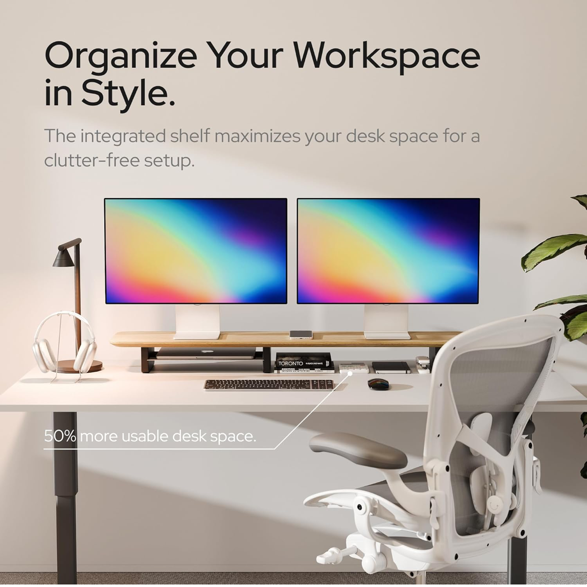 KIVY Dual Monitor Riser With Integrated Metal Shelf