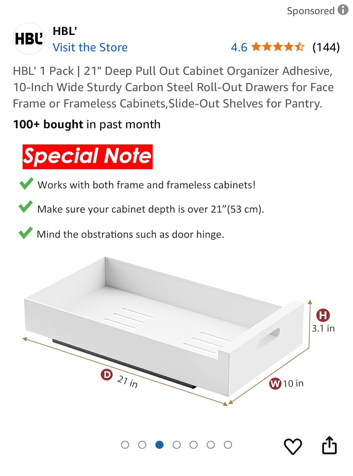 HBL' 1 Pack | 21" Deep Pull Out Cabinet Organizer Adhesive, 10-Inch Wide Sturdy Carbon Steel Roll-Out Drawers for Face Frame or Frameless Cabinets,Slide-Out Shelves for Pantry.