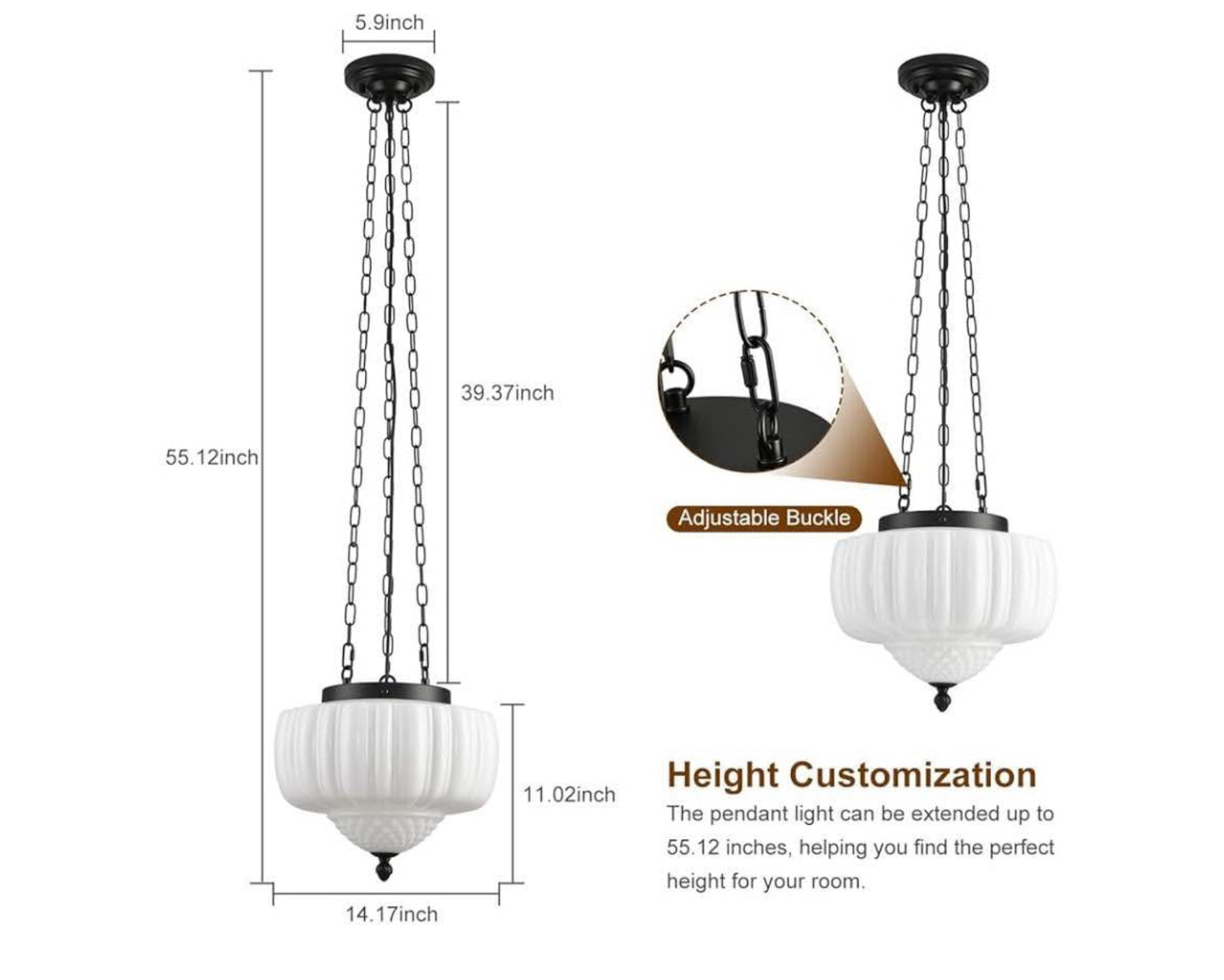 Milk Glass Pendant Light, 14" Schoolhouse Light Fixture, Ceramic Pendant Lighting for Kitchen Island, Vintage Art Deco Chandelier for Bedroom, Dining Room, Hallway, 3*E26 Bulbs Included, White