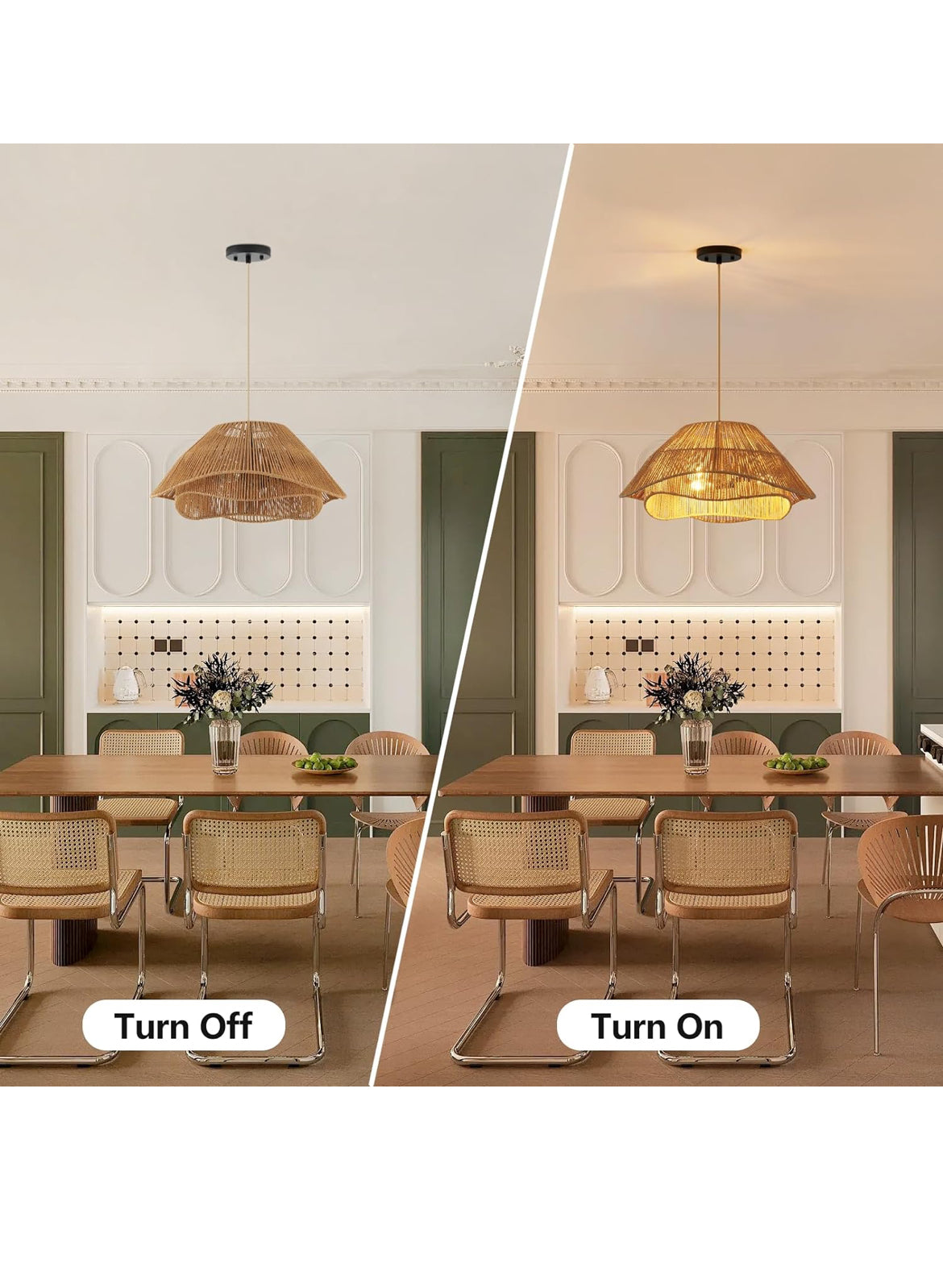 19.68" Rattan Pendant Light Fixture, 3-Light Boho Hanging Light Fixture Ceiling Mount, Bohemian Woven Wicker Flush Mount Hanging Lamp, Adjustable Rattan Chandelier for Kitchen Island Hallway