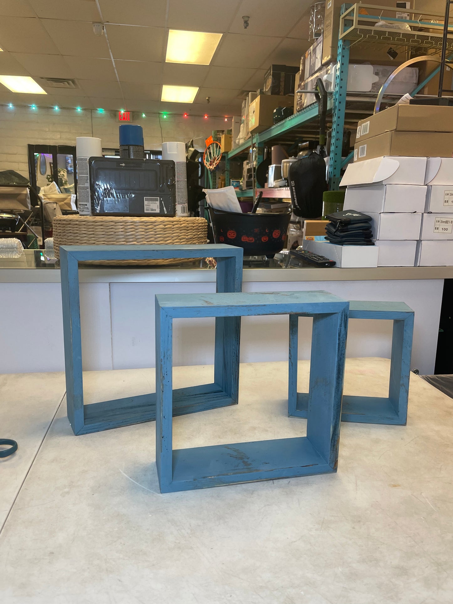 Robins Egg Blue Rustic Shelves, Square Floating Wood Shadowbox, Home Decor, Set of 3