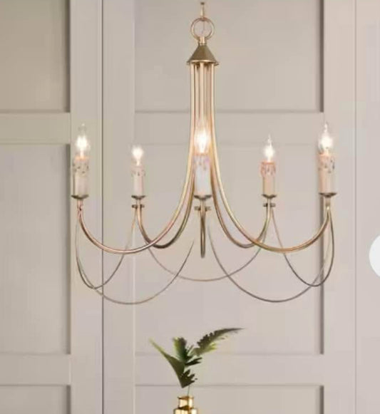 Modern Satin Gold French Country Farmhouse 5-Light Chandelier Vintage Candlestick High Ceiling Light