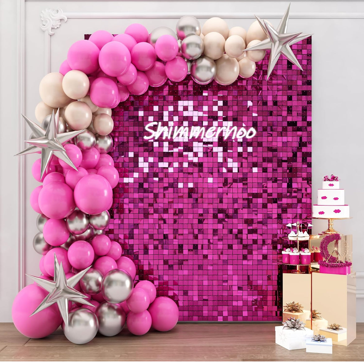 Hot Pink Shimmer Wall Backdrop Panels Square Sequin Shimmer Backdrop, Wall Decor for Birthday, Anniversary Wedding Decoration (Hot Pink, 6ft x 6ft)