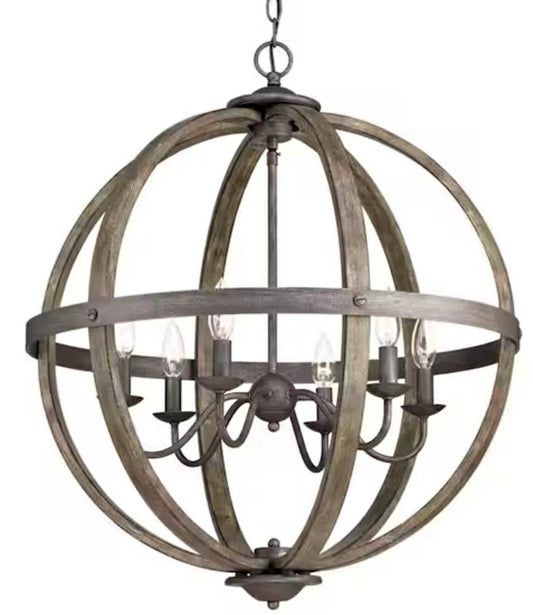 Keowee 24-1/4 in. 6-Light Artisan Black Iron with White Wood Accents Coastal Orb Chandelier for Kitchen