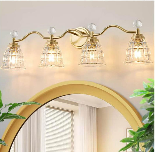 4-Light Bathroom Light Fixtures, Modern Gold Vanity Lights Dimmable Sconces Wall Lighting with Crystal